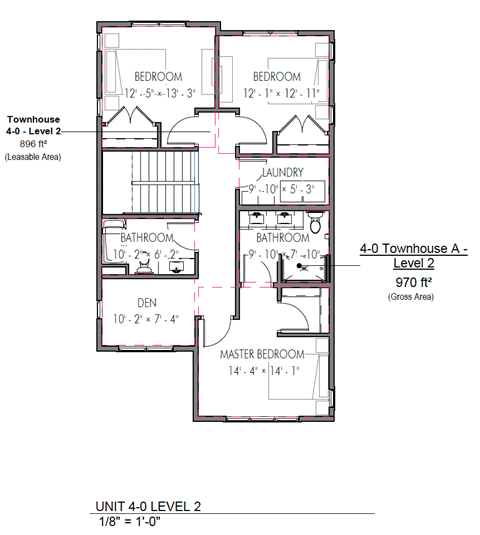 A floor plan for a 4-0 townhouse with two bedrooms and two bathrooms.